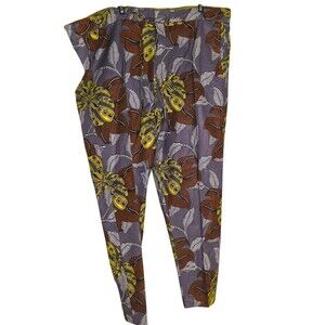Wax African Print Wide Leg Pants Gray Ankara Drawstring Lounge Upto 46" Wide